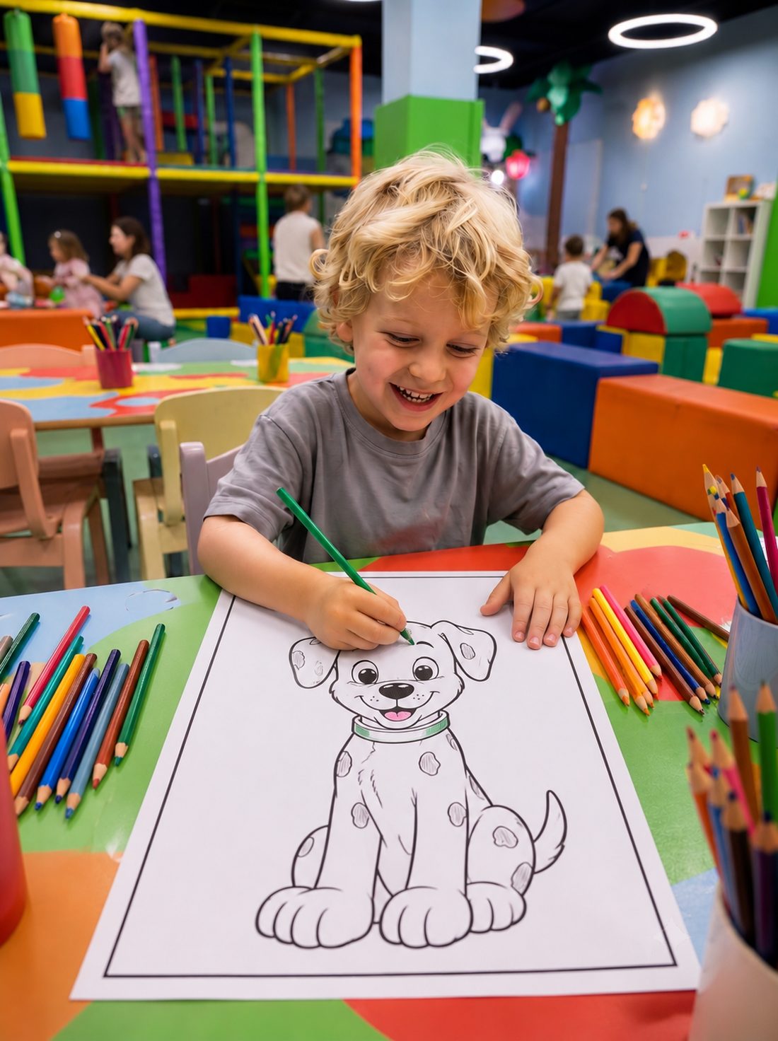 Criança colorindo desenho de cachorro